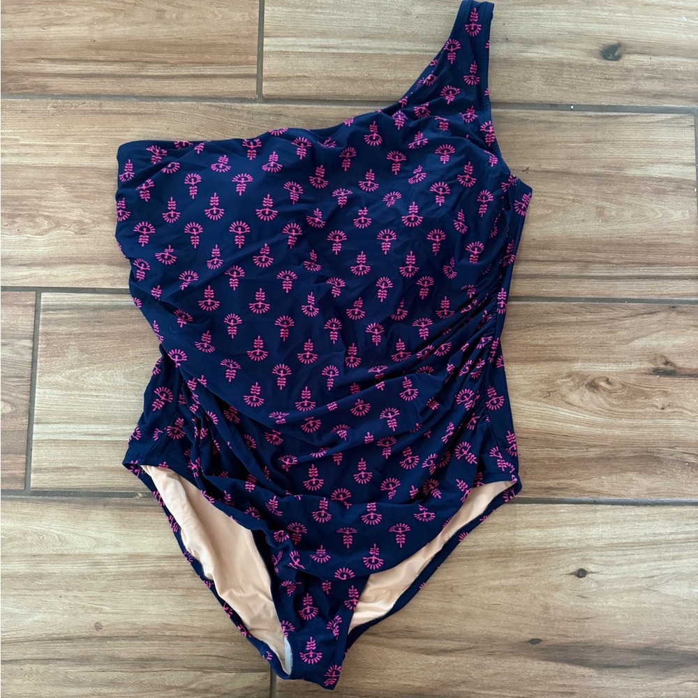 J. Crew Navy One-Shoulder Swimsuit with Pink Motif